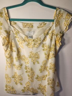 LOFT Yellow Floral Cap-Sleeve Blouse
